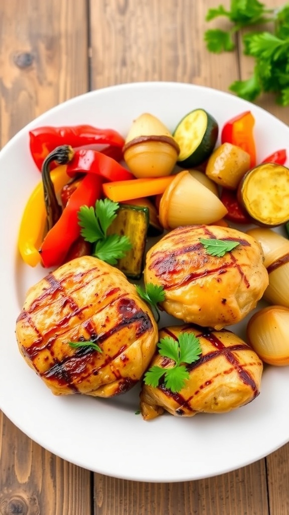 Air Fryer Whole30 Chicken and Vegetables Air fryer chicken thighs with roasted bell peppers, zucchini, and onions, garnished with parsley on a rustic table.